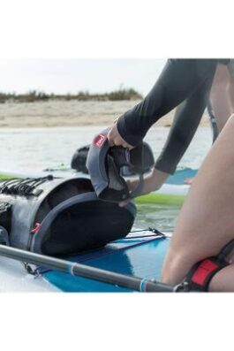 red paddle deck bag on paddle board